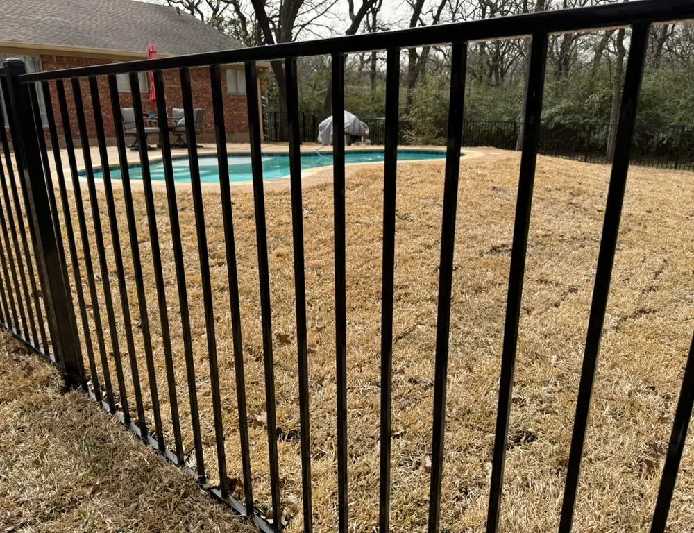 Black ornamental metal pool barrier enclosing a backyard swimming pool