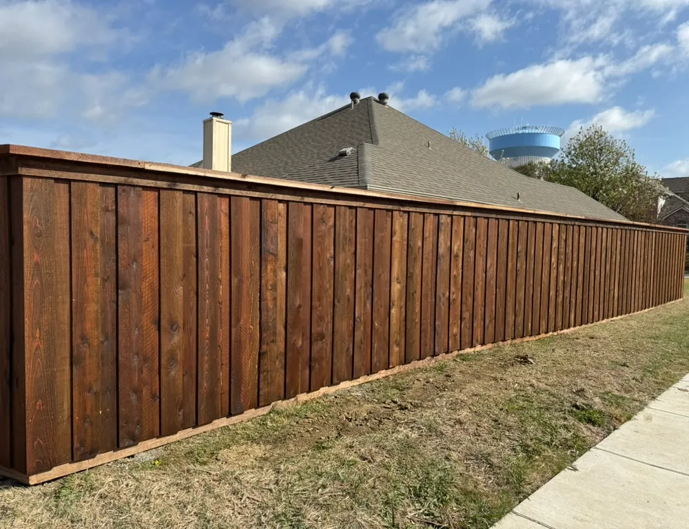 Stained board-on-board cedar privacy fence with a top cap along a Frisco sidewalk